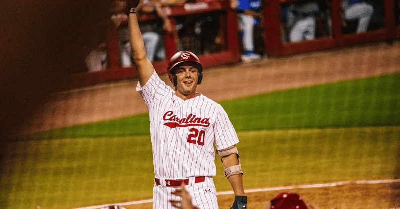 South Carolina slugger Ethan Petry celebrates a home run in the NCAA Tournament