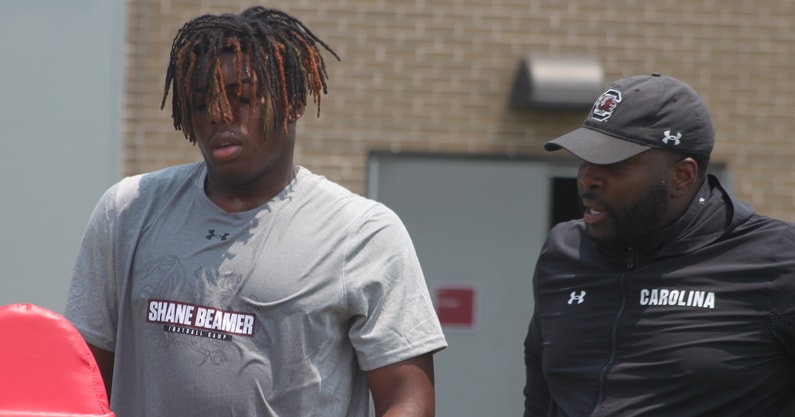 Four-star Isaiah Gibson works out  with Sterling Lucas at South Carolina's camp in June 2023 (Photo: Chris Clark | GamecockCentral.com)