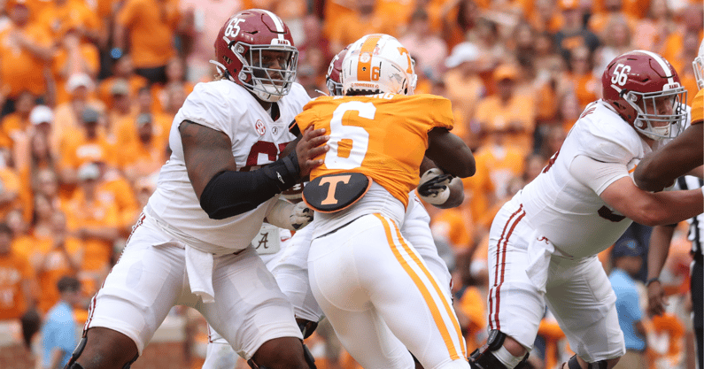 Alabama OL JC Latham and Seth McLaughlin