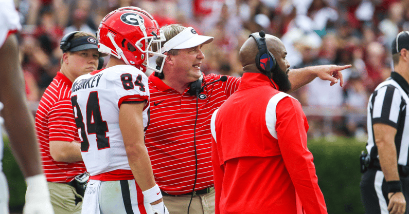 Georgia head coach Kirby Smart coaches a game against South Carolina at Williams-Brice Stadium