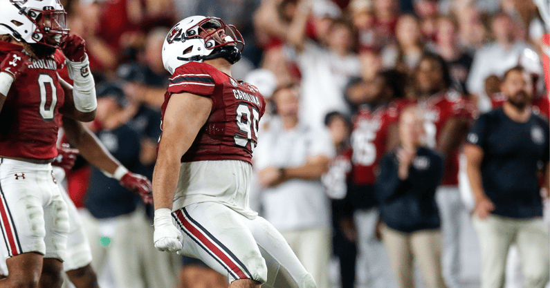 South Carolina defensive tackle Boogie Huntley celebrates after a big defensive play