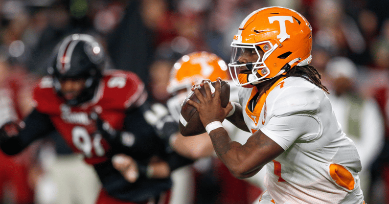 Tennessee quarterback Joe Milton scrambles against South Carolina in 2022