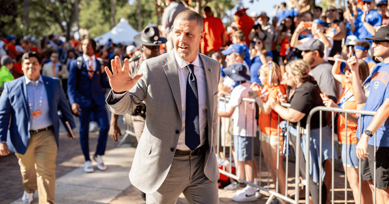 Florida Gators head coach Billy Napier waves during Gator Walk before the game against the Charlotte 49ers at Steve Spurrier Field at Ben Hill Griffin Stadium in Gainesville, FL on Saturday, September 23, 2023. [Matt Pendleton/Gainesville Sun]