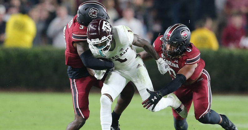 South Carolina linebacker Debo Williams (0) assisting on a tackle against Texas A&M in 2022. Photo: CJ Driggers | GamecockCentral.com