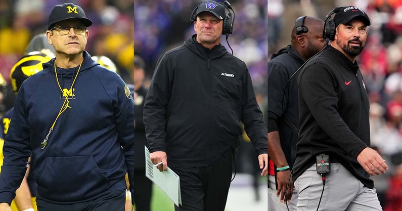 Michigan head coach Jim Harbaugh, Washington head coach Kalen DeBoer, Ohio State coach Ryan Day
