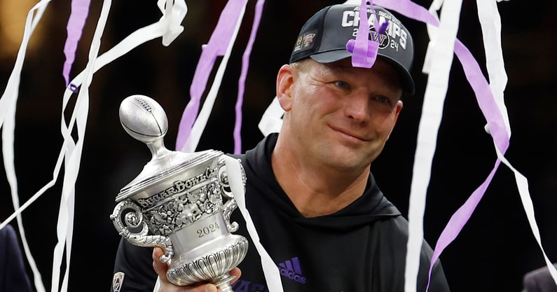 Washington HC Kalen DeBoer celebrates after the Sugar Bowl