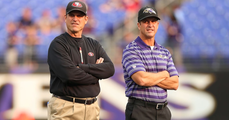 Los Angeles Chargers head coach Jim Harbaugh and Baltimore Ravens head coach John Harbaugh
