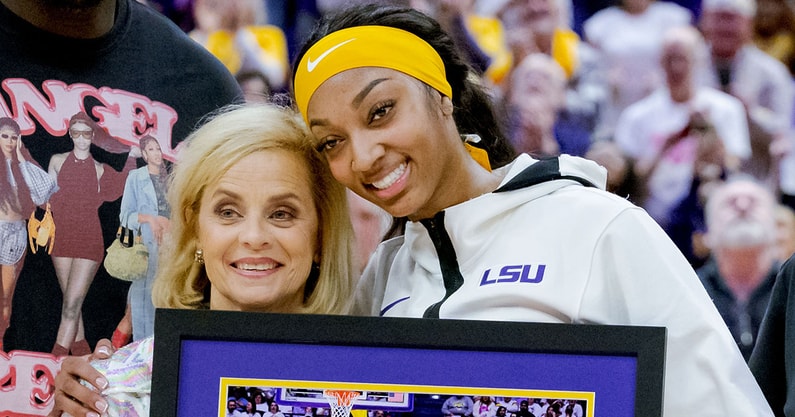 LSU head coach Kim Mulkey and Angel Reese