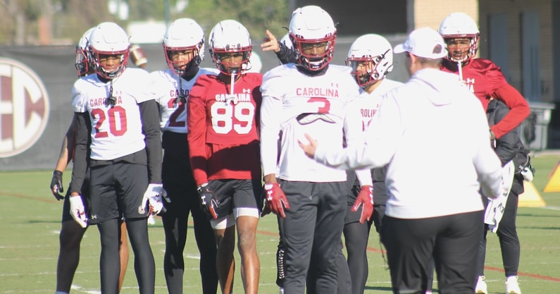 South Carolina football players at spring practice in 2023