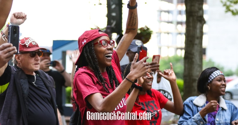 South Carolina women's basketball fans celebrate the 2022 national championship at a parade in Columbia, SC