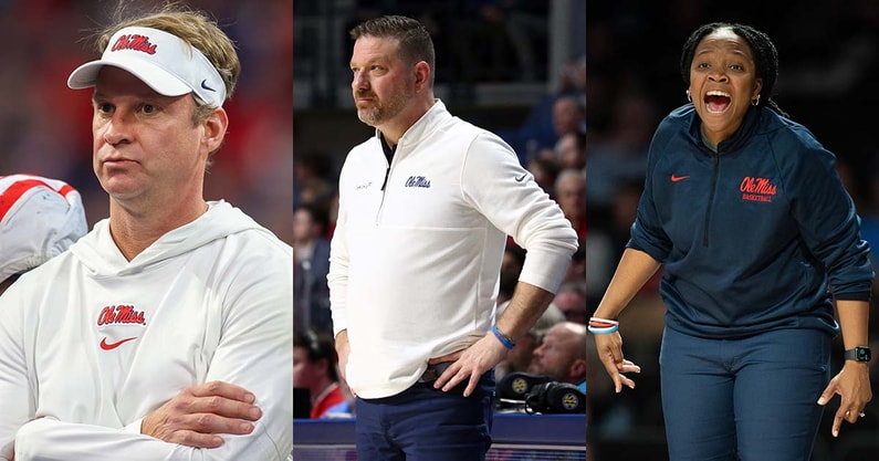 Ole Miss head coach Lane Kiffin, Chris Beard and Yolett McPhee-McCuin