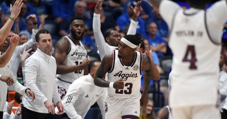 Texas A&M Aggies guard Tyrece Radford and teammates celebrate after a three pointer during the second half against the Mississippi Rebels - Christopher Hanewinckel-USA TODAY Sports