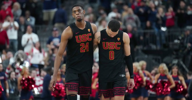 USC Trojans forward Joshua Morgan and guard Kobe Johnson embrace after the game against the Arizona Wildcats at T-Mobile Arena