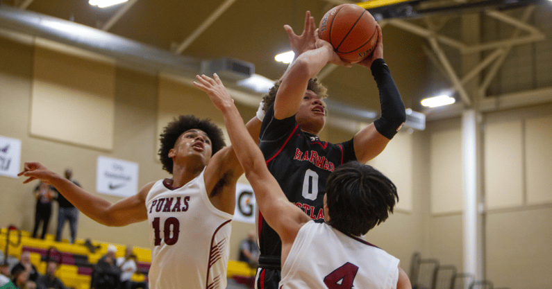 USC signee and Harvard-Westlake's Trent Perry jumps up as Koa Peat and Jonas Cederlind try to block him at Hoophall final at Chaparral High School gym