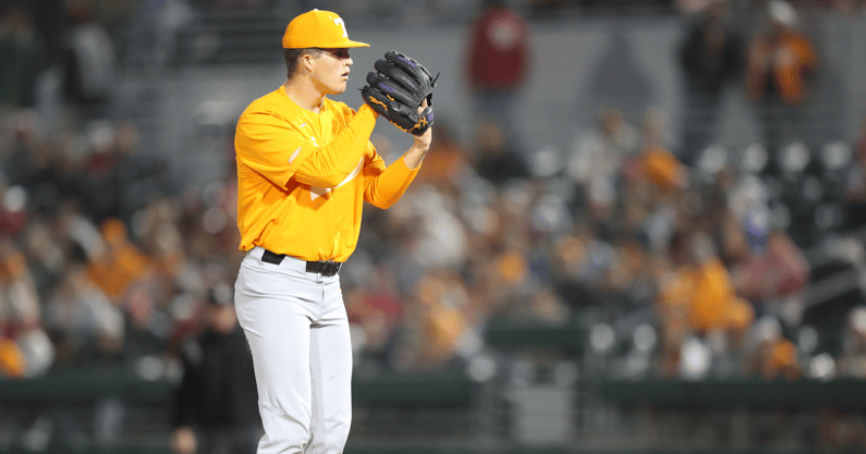 Tennessee pitcher Drew Beam looks for his sign during a March 16 game at Alabama. Credit: Alabama Athletics