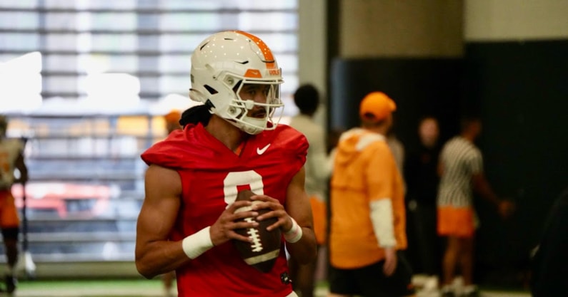 Nico Iamaleava gets work in for Tennessee during spring practice on March 18. Credit: Volquest.