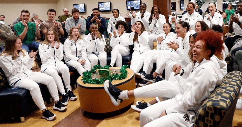The Notre Dame women's basketball team celebrates after being announced as a No. 2 seed for the NCAA Tournament Sunday, March 17, 2024, at the Joyce Center in South Bend.