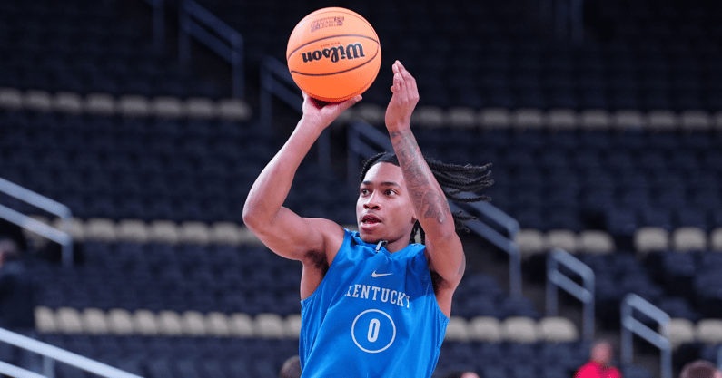 Kentucky Wildcats guard Rob Dillingham (0) shoots the ball during the NCAA first round practice session at PPG Paints Arena - Gregory Fisher-USA TODAY Sports