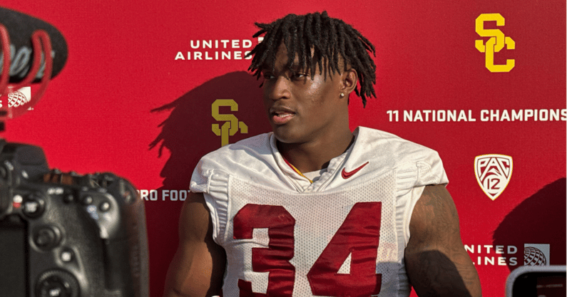 USC defensive end Braylan Shelby speaks to the media following a practice with the Trojans