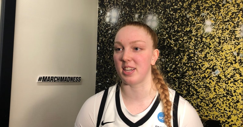 Addi O'Grady discusses her performance in the Hawkeyes win over Holy Cross. (Photo by Kyle Huesmann)