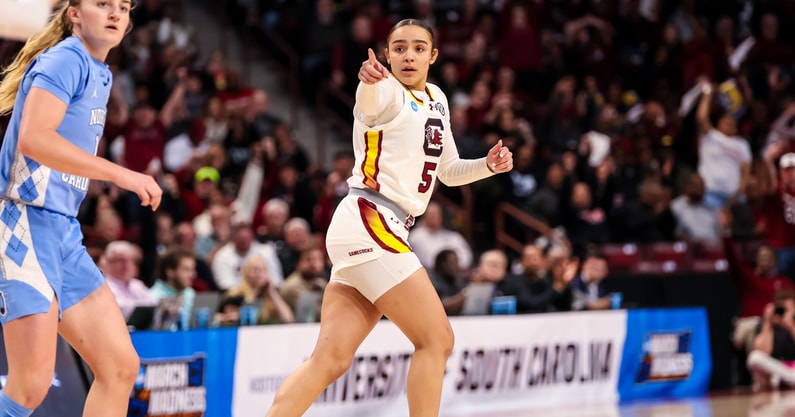Tessa Johnson (5) celebrates a three point basket against the North Carolina Tar Heels in the first half at Colonial Life Arena. Mandatory Credit: Jeff Blake-USA TODAY Sports