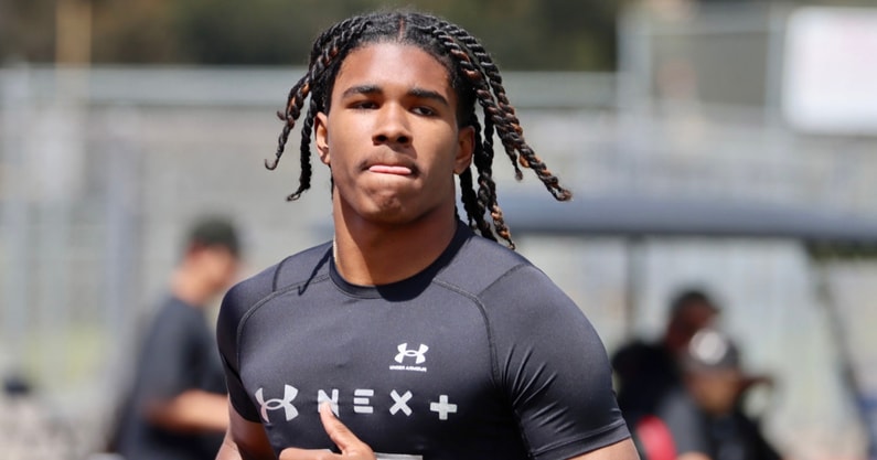 USC target and 2025 cornerback Dijon Lee participates in drills at the Under Armour Next camp in Mission Viejo