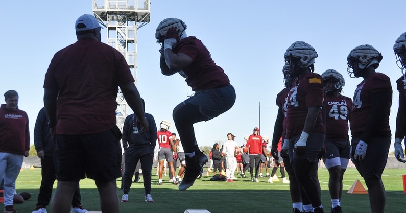 South Carolina football's defensive line works out during a spring practice (Photo Credit: Joe Macheca | GamecockCentral.com)