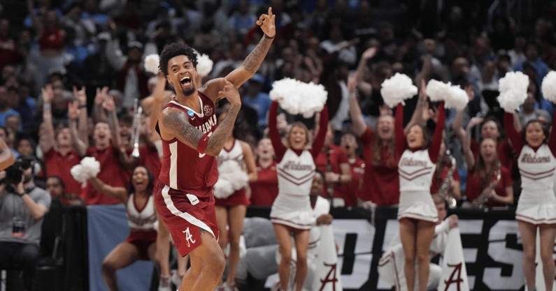 Alabama G Aaron Estrada celebrates in the NCAA Tournament