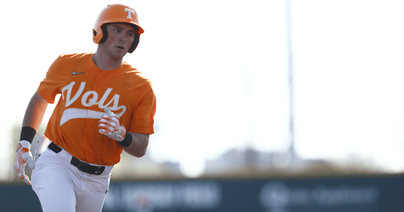 Dylan Dreiling rounds the bases after launching a fifth inning grand slam for Tennessee. Credit: UT Athletics