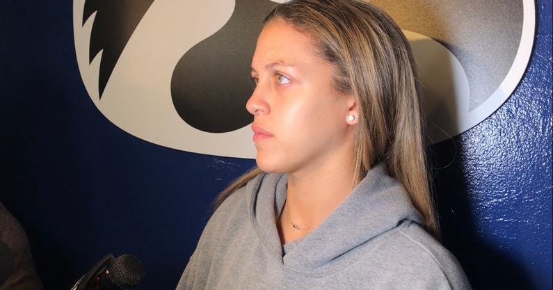 Gabbie Marshall talks with the media on Sunday morning. (Photo by Kyle Huesmann)