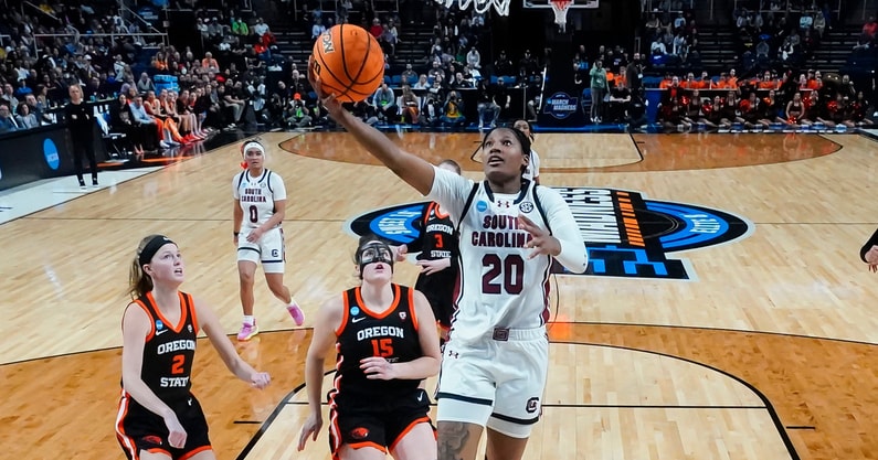 South Carolina Gamecocks forward Sania Feagin (20) shoots a layup against the Oregon State Beavers during the second half in the finals of the Albany Regional of the 2024 NCAA Tournament at MVP Arena. Mandatory Credit: Gregory Fisher-USA TODAY Sports