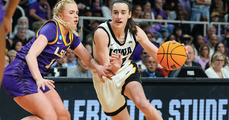 Apr 1, 2024; Albany, NY, USA; Iowa Hawkeyes guard Caitlin Clark (22) controls the ball against LSU Lady Tigers guard Hailey Van Lith (11) in the fourth quarter in the finals of the Albany Regional in the 2024 NCAA Tournament at MVP Arena. Mandatory Credit: Gregory Fisher-USA TODAY Sports