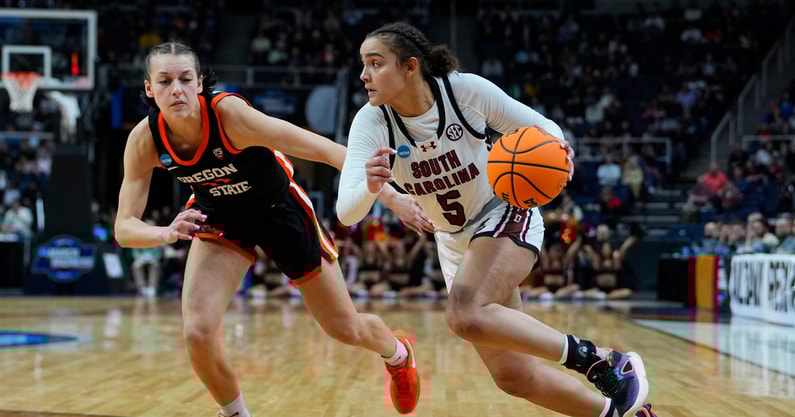 South Carolina Gamecocks guard Tessa Johnson (5) dribbles the ball against Oregon State Beavers guard AJ Marotte (11) during the second half in the finals of the Albany Regional of the 2024 NCAA Tournament at MVP Arena. Mandatory Credit: Gregory Fisher-USA TODAY Sports