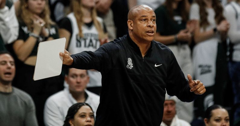 Michigan State assistant coach Mark Montgomery reacts to a play against Michigan during the second half of MSU's 81-62 win over Michigan on Tuesday, Jan. 30, 2024, in East Lansing - Junfu Han, USA TODAY Sports