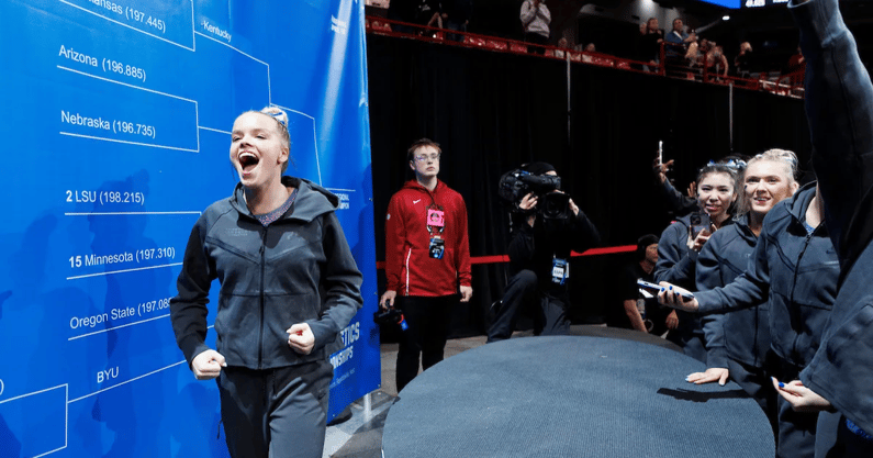 Kentucky freshman Creslyn Brose celebrates as Kentucky Gymnastics advances to the NCAA regional final - Tommy Quarles, UK Athletics