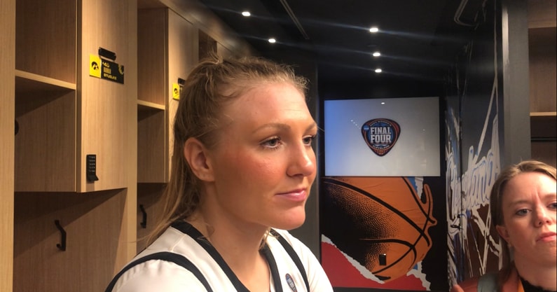 Syd Affolter speaks with the media after the Hawkeyes win over UConn. (Photo by Kyle Huesmann)