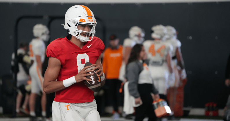 Tennessee quarterback Nico Iamaleava gets some work in at spring practice Saturday, April 6. Credit: Volquest
