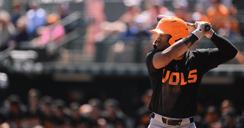 Tennessee outfielder Kavares Tears braces for his second home run of the weekend against Auburn. Credit: Grayson Belanger/Auburn Tigers