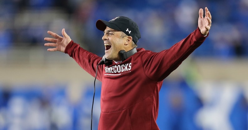South Carolina Gamecocks head coach Shane Beamer celebrates during a USC game (Photo Credit: CJ Driggers | GamecockCentral.com`South Carolina Gamecocks head coach Shane Beamer celebrates during a USC game (Photo Credit: CJ Driggers | GamecockCentral.com