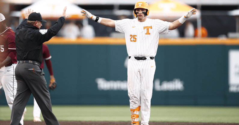 Blake Burke celebrates after his 19th double of the season. Credit: UT Athletics