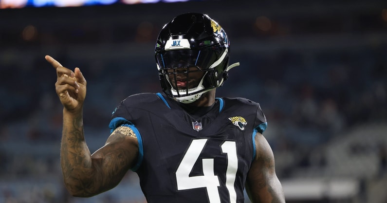 Jacksonville Jaguars linebacker Josh Allen (41) points to a familiar face before a regular season NFL football matchup Monday, Dec. 4, 2023 at EverBank Stadium in Jacksonville, Fla. [Corey Perrine/Florida Times-Union]