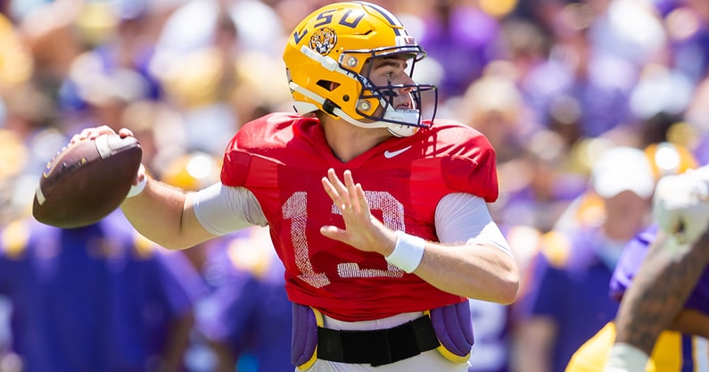 Quarterback Garrett Nussmeier throws a pass during the LSU Tigers Spring Game at Tiger Stadium in Baton Rouge, LA. SCOTT CLAUSE/USA TODAY NETWORK.  Saturday, April 22, 2023.
