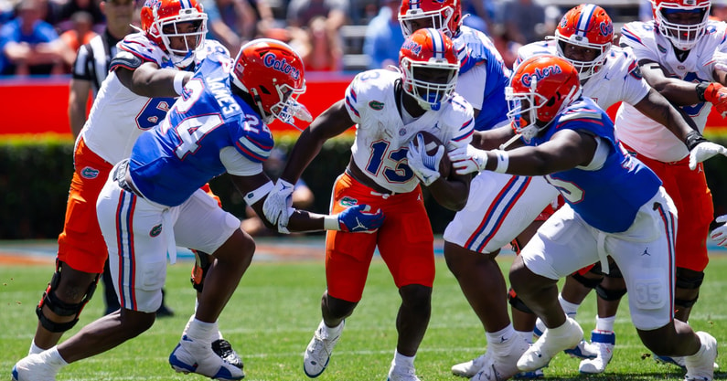 Florida Gators running back Jadan Baugh (13) runs up field in the first half during the Orange and Blue game at Ben Hill Griffin Stadium in Gainesville, FL on Saturday, April 13, 2024 [Doug Engle/Gainesville Sun]2024
