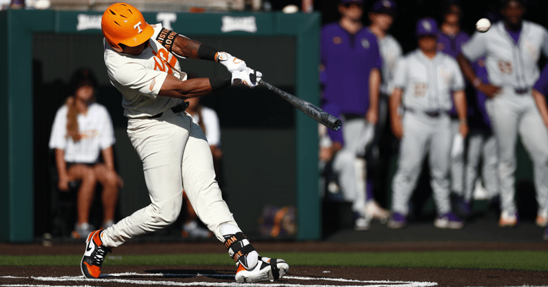 Christian Moore swings during a two-home run day against LSU. Credit: UT Athletics