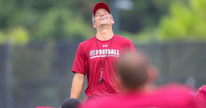 South Carolina head football coach Shane Beamer laughs during spring practice (Photo Credit: Katie Dugan | GamecockCentral.com)