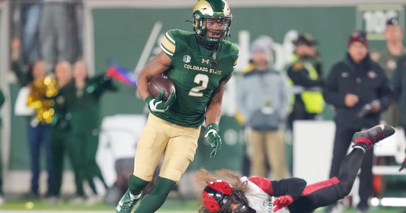 Nov 11, 2023; Fort Collins, Colorado, USA; Colorado State Rams wide receiver Justus Ross-Simmons (2) runs with the ball against the San Diego State Aztecs at Sonny Lubick Field at Canvas Stadium. Mandatory Credit: Andrew Wevers-USA TODAY Sports
