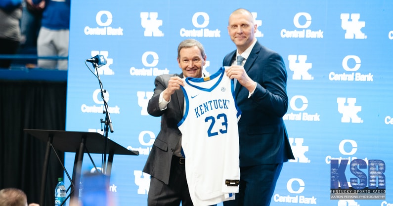 Kentucky coach Mark Pope and athletics director Mitch Barnhart at Pope's introductory press conference - Aaron Perkins, Kentucky Sports Radio