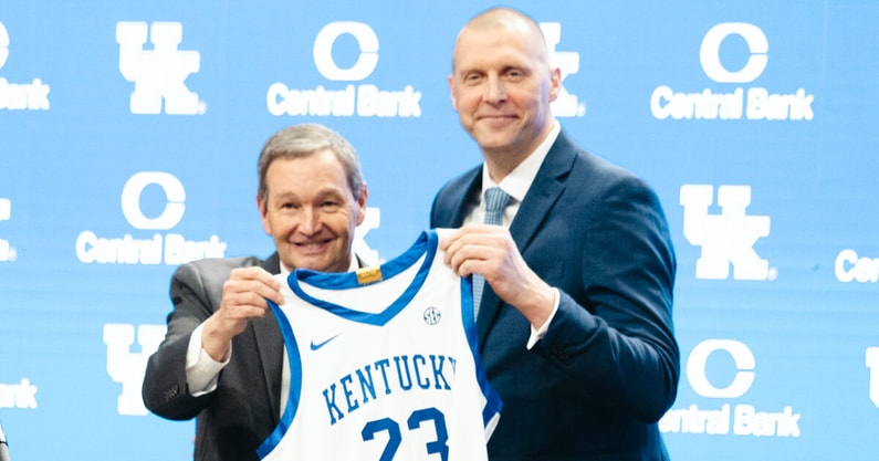 Kentucky athletics director Mitch Barnhart and Mark Pope at Pope's introductory press conference - Aaron Perkins, Kentucky Sports Radio