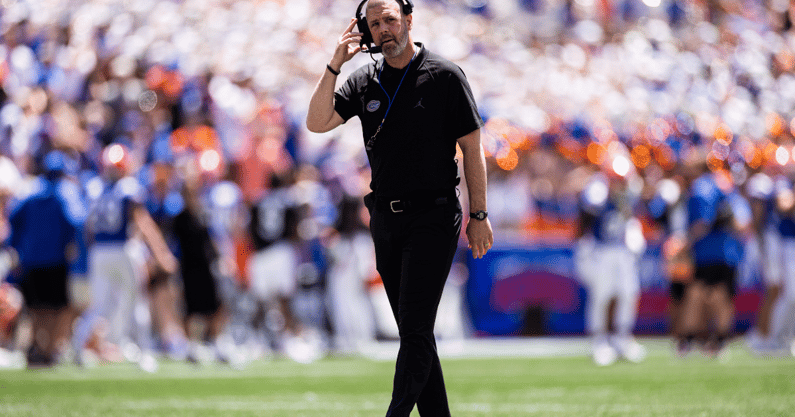 Florida Gators head coach Billy Napier walks during the first half at the Orange and Blue spring football game at Steve Spurrier Field at Ben Hill Griffin Stadium in Gainesville, FL on Saturday, April 13, 2024. [Matt Pendleton/Gainesville Sun]