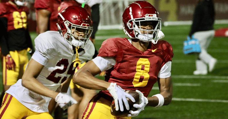USC wide receiver Ja'Kobi Lane catches a pass during a Trojans' spring ball practice